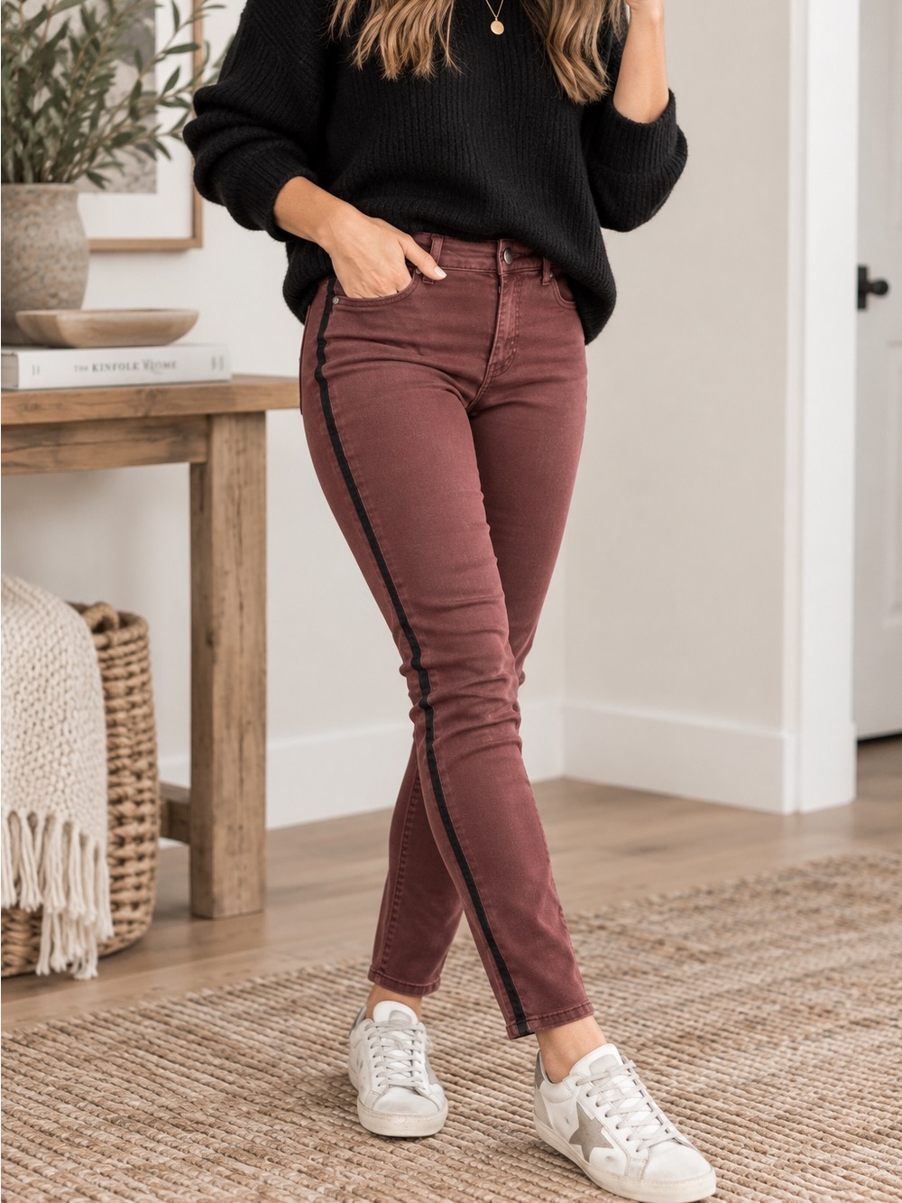 Simply Vera Wang Burgundy Tuxedo Stripe Skinny Jeans Size 14